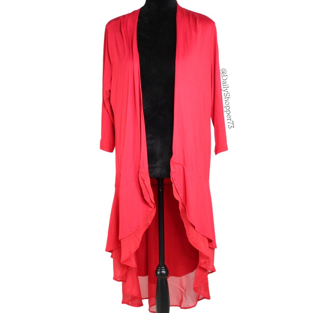 La Vanya Women's Red Rayon Blend Chiffon Double Layer 1/2 Sleeve Duster Cardigan